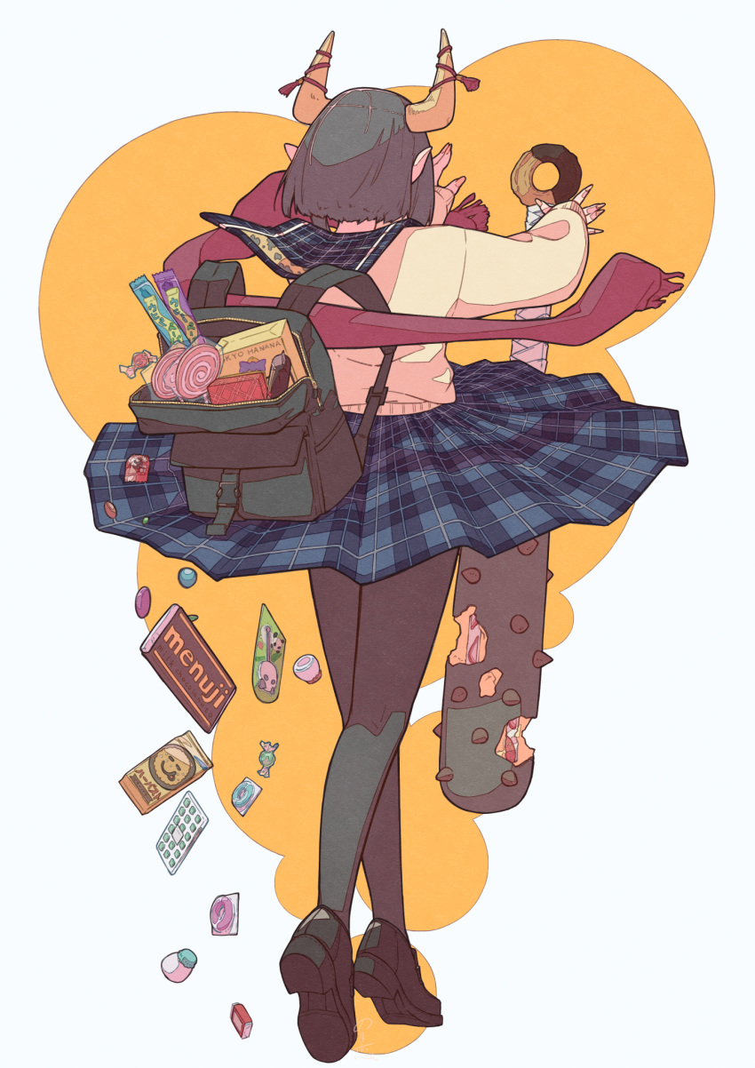 1girl backpack bag black_footwear black_hair black_legwear bob_cut box candy chocolate chocolate_bar club_(weapon) colored_inner_hair commentary_request facing_away floating floating_object floating_weapon food from_behind highres horn_ornament horn_ribbon horns kanabou levitation loafers lollipop long_sleeves miniskirt multicolored_hair nail_polish norikoi oni original outstretched_arms pantyhose plaid pointy_ears red_scarf ribbon sailor_collar_lift scarf scarf_removed school_uniform serafuku shoe_soles shoes short_hair skirt sleeves_past_wrists snack solo spiked_club standing sweater tiptoes weapon white_background