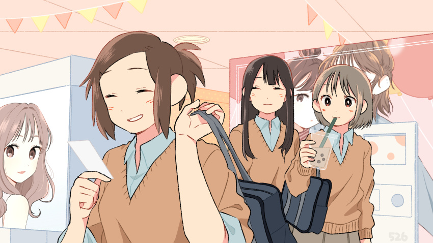 3girls bag brown_hair bubble_tea card closed_eyes cup disposable_cup drinking drinking_straw highres holding holding_card kojiro337 long_hair multiple_girls original picture_(object) school_bag school_uniform short_hair short_ponytail smile