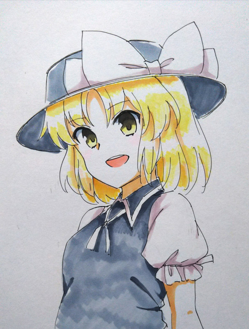 1girl black_headwear black_vest blonde_hair bow breasts eyebrows_visible_through_hair fedora haramin3 hat hat_bow highres open_mouth puffy_short_sleeves puffy_sleeves ribbon short_hair short_sleeves simple_background small_breasts touhou touhou_(pc-98) traditional_media vest white_background white_bow white_neckwear white_ribbon yellow_eyes yuki_(touhou)