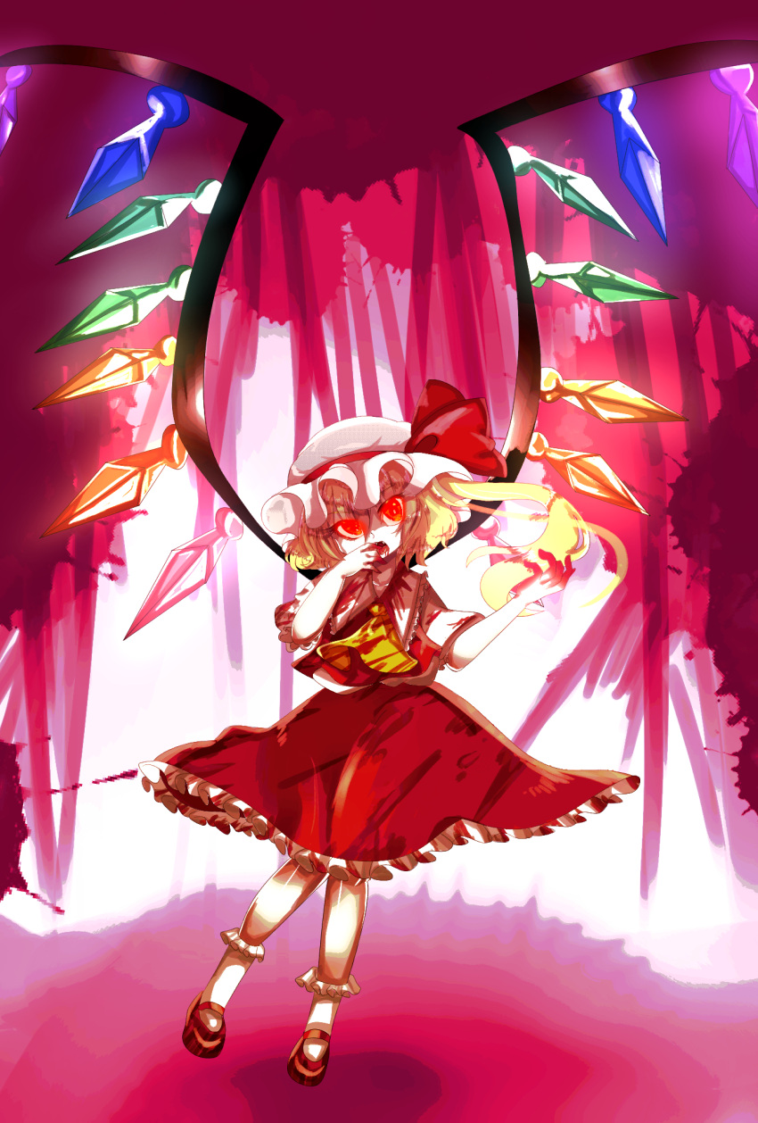 1girl ascot bangs blonde_hair blood blood_on_hands brown_background c-yamada758 collar collared_shirt crystal eyebrows_visible_through_hair fang fangs flandre_scarlet gat hair_between_eyes hands_up hat hat_ribbon highres jewelry looking_to_the_side mob_cap multicolored_wings open_mouth pink_background polearm ponytail puffy_short_sleeves puffy_sleeves red_background red_eyes red_footwear red_ribbon red_skirt red_vest ribbon shadow shirt shoes short_hair short_sleeves skirt socks solo spear standing tongue touhou vest weapon white_background white_headwear white_legwear white_shirt wings yellow_ascot yellow_neckwear