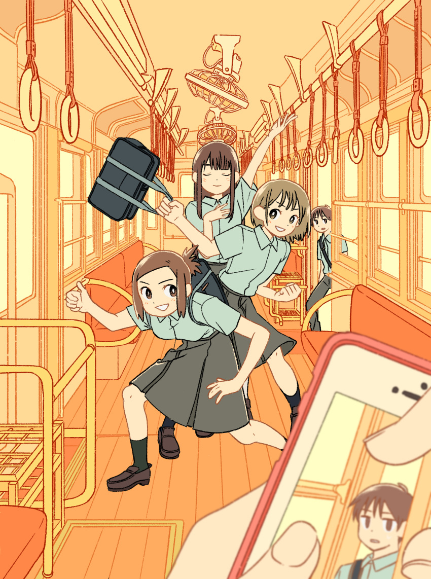 1boy 1other 3girls absurdres arm_up bag brown_hair cellphone closed_eyes highres kojiro337 long_hair multiple_girls original phone pose school_bag school_uniform short_hair short_ponytail taking_picture thumbs_up train_interior