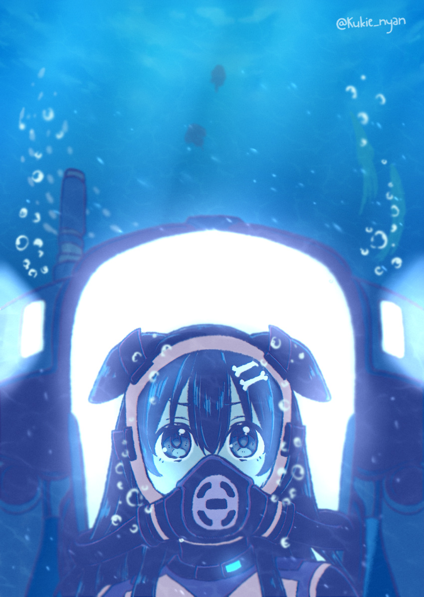 1girl air_bubble animal_ears blue_theme bodysuit bone_hair_ornament bubble commentary diving_mask dog_ears english_commentary goggles hair_ornament highres hololive inugami_korone kukie-nyan looking_at_viewer mecha solo subnautica underwater wetsuit