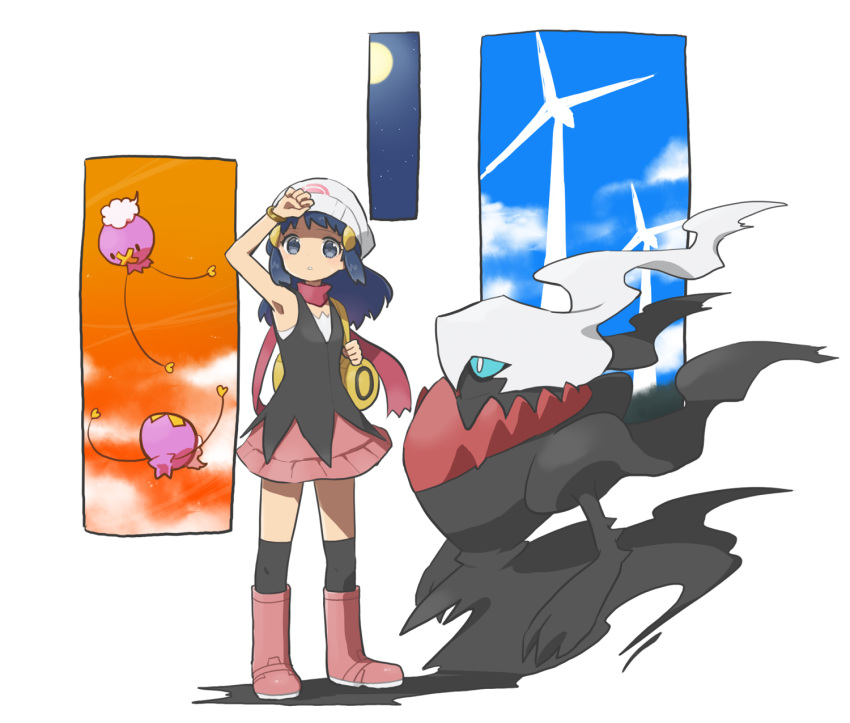 1girl bag bangs beanie black_hair black_legwear black_shirt boots closed_mouth commentary_request darkrai drifloon duffel_bag grey_eyes hair_ornament hairclip hat highres hikari_(pokemon) holding_strap long_hair over-kneehighs pink_footwear pink_skirt pokemon pokemon_(creature) pokemon_(game) pokemon_dppt red_scarf redoturn scarf shirt skirt sleeveless sleeveless_shirt standing thigh-highs white_headwear yellow_bag