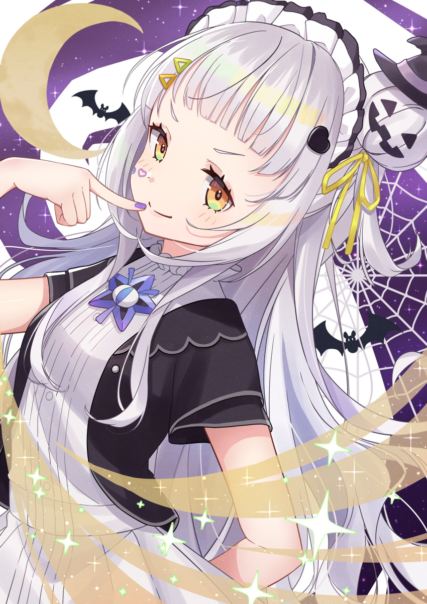 1girl absurdres bangs black_jacket blush closed_mouth commentary_request crescent_moon dress finger_to_mouth hair_ornament hair_ribbon highres hololive jack-o'-lantern jack-o'-lantern_hair_ornament jacket long_hair looking_at_viewer maid_headdress moon murasaki_shion nail_polish open_clothes open_jacket purple_nails ribbon shima6644 short_eyebrows short_sleeves silk silver_hair smile solo sparkle spider_web v-shaped_eyebrows very_long_hair virtual_youtuber white_dress yellow_eyes yellow_ribbon
