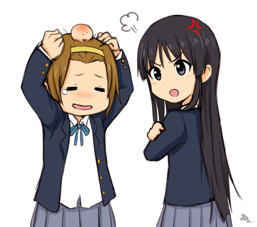 2girls :o akiyama_mio anger_vein angry arms_up bangs black_eyes black_hair blazer blue_neckwear blush brown_hair closed_eyes collared_shirt commentary_request cowboy_shot crossed_arms een941 grey_skirt hairband hands_on_own_head head_bump highres jacket k-on! long_hair long_sleeves multiple_girls neck_ribbon open_mouth ribbon sakuragaoka_high_school_uniform school_uniform shirt short_hair simple_background skirt standing tainaka_ritsu white_background white_shirt yellow_hairband