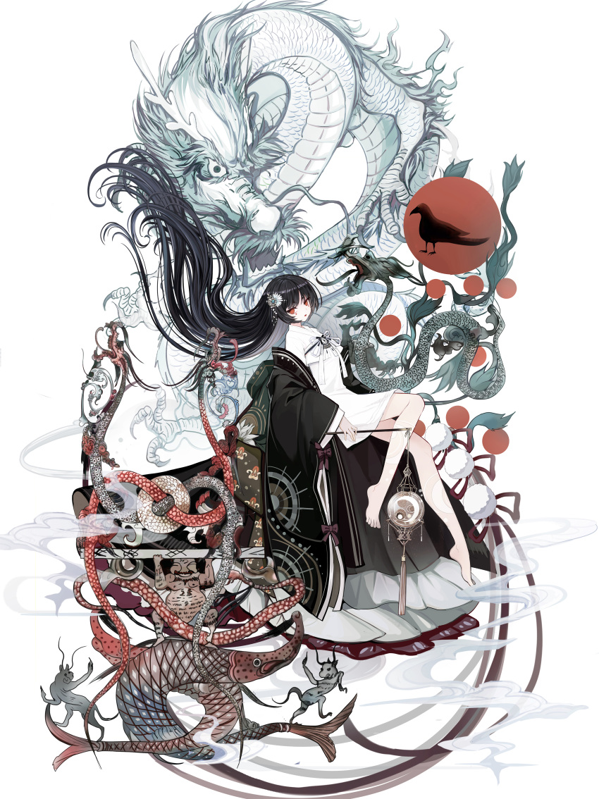 1girl absurdres bangs bare_legs barefoot black_coat black_hair bow chinese_clothes circle coat commentary_request creature crown dragon dress eastern_dragon fish floating_hair from_side hair_ornament highres holding holding_lantern invisible_chair lantern long_hair long_sleeves looking_to_the_side mole mole_under_eye monster off_shoulder original plantar_flexion pom_pom_(clothes) red_eyes red_lips robe sash shan_gui_yu_yao short_dress sidelocks sitting smoke snake very_long_hair white_background white_dress wide_sleeves youkai