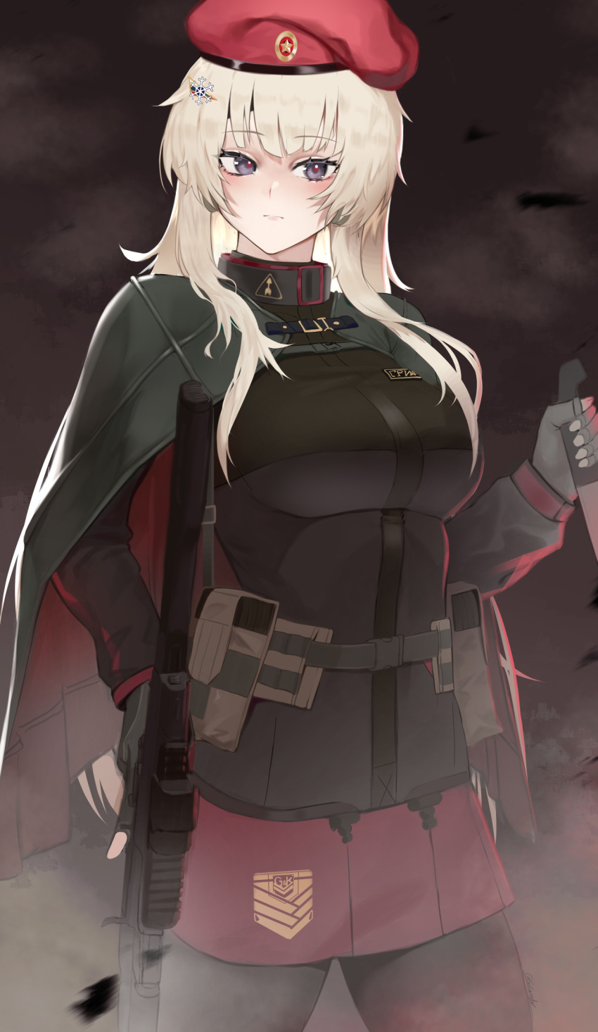 1girl ak-74m ak74m_(girls'_frontline) ammunition_belt assault_rifle beret black_gloves black_legwear blonde_hair blush breasts camouflage_cloak closed_mouth commentary eyebrows_visible_through_hair feet_out_of_frame fingerless_gloves girls_frontline gloves grifon_&amp;_kryuger gun hair_ornament hat highres holding holding_gun holding_knife holding_weapon kalashnikov_rifle knife long_hair long_sleeves looking_at_viewer medium_breasts pantyhose red_skirt revision rifle russian_flag saturndxy simple_background skirt snowflake_hair_ornament solo standing tactical_clothes violet_eyes weapon