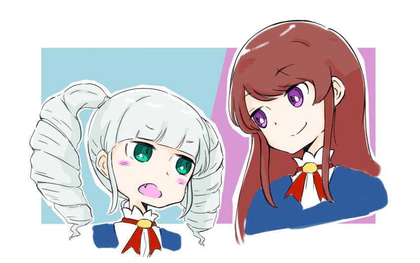 aikatsu! aikatsu!_(series) blue_background blue_jacket braid brown_hair closed_mouth commentary_request cropped_torso eye_contact fang green_eyes grey_hair hitomiz jacket long_hair looking_at_another open_mouth outline purple_background shibuki_ran shirt smile toudou_yurika twin_braids twintails two-tone_background upper_body violet_eyes white_background white_outline white_shirt