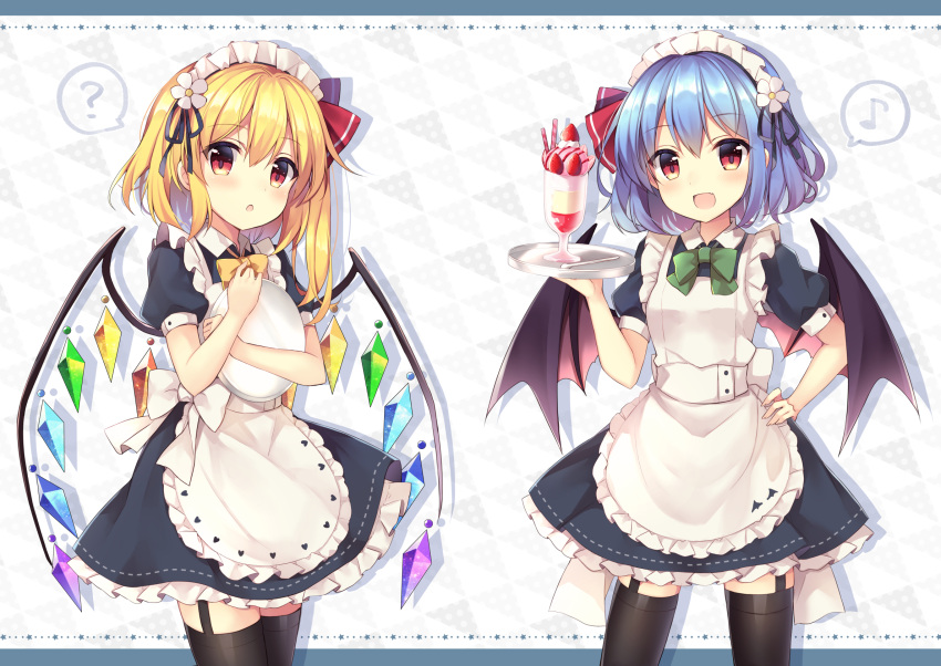 2girls ? apron bangs bat_wings black_bow black_footwear black_legwear blonde_hair blue_dress blue_hair blush bow closed_mouth cocktail cocktail_glass collar commentary_request crystal cup dress drinking_glass eyebrows_visible_through_hair flandre_scarlet flower food fruit garter_straps green_bow green_neckwear hair_between_eyes hand_on_hip hand_up hands_up hat hat_ribbon heart heart_print highres jewelry looking_at_viewer maid maid_day maid_headdress multicolored_wings multiple_girls musical_note one_side_up open_mouth puffy_short_sleeves puffy_sleeves red_eyes red_ribbon remilia_scarlet ribbon ruhika shoes short_hair short_sleeves simple_background smile spoken_musical_note spoken_question_mark standing strawberry thigh-highs touhou tray upper_body white_apron white_background white_bow white_flower wings wrist_cuffs yellow_bow yellow_neckwear