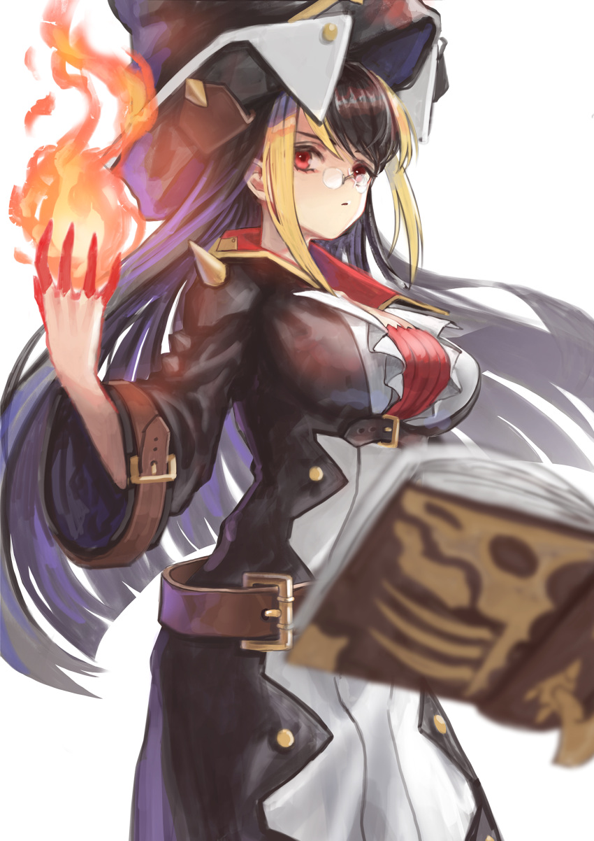 1girl bangs belt black_hair black_headwear blonde_hair blurry blurry_foreground book breasts closed_mouth commentary cowboy_shot dress finger_cots fire floating floating_book floating_object glasses hand_up hat highres large_breasts level9kaito long_hair long_sleeves looking_at_viewer multicolored_clothes multicolored_dress multicolored_hair nikola_(world_flipper) open_book pince-nez pyrokinesis red_eyes round_eyewear shiny shiny_hair shoulder_spikes sidelocks simple_background solo spikes standing two-tone_hair white_background wide_sleeves world_flipper