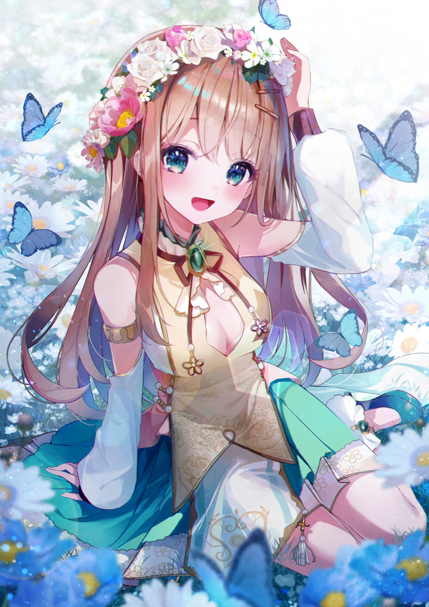 1girl :d absurdres aqua_footwear aqua_skirt arm_up aroma_asamiya bangs blue_eyes blue_flower blush breasts brown_hair bug butterfly cleavage_cutout clothing_cutout commentary detached_sleeves eumi_114 flower full_body green_brooch high_heels highres indie_virtual_youtuber long_hair long_sleeves looking_at_viewer medium_breasts official_art open_mouth parted_bangs pink_sash pleated_skirt puffy_sleeves sash sitting skirt smile solo symbol-only_commentary virtual_youtuber white_flower yokozuwari