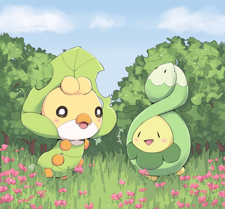 :d black_eyes blush budew bug bush clouds commentary day fangs flower grass highres milka_(milk4ppl) no_humans open_mouth outdoors pink_flower pokemon pokemon_(creature) sewaddle sky smile tongue