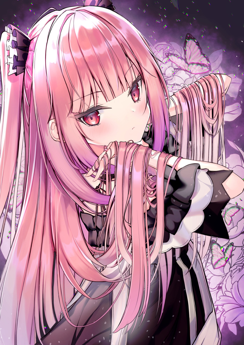1girl absurdres bangs black_dress blush bug butterfly closed_mouth commentary_request dress eyebrows_visible_through_hair flower hands_in_hair highres hololive long_hair looking_at_viewer official_alternate_costume pink_butterfly pink_flower pink_hair red_eyes short_sleeves solo tito_(osakanakana0_0) two_side_up upper_body uruha_rushia very_long_hair virtual_youtuber