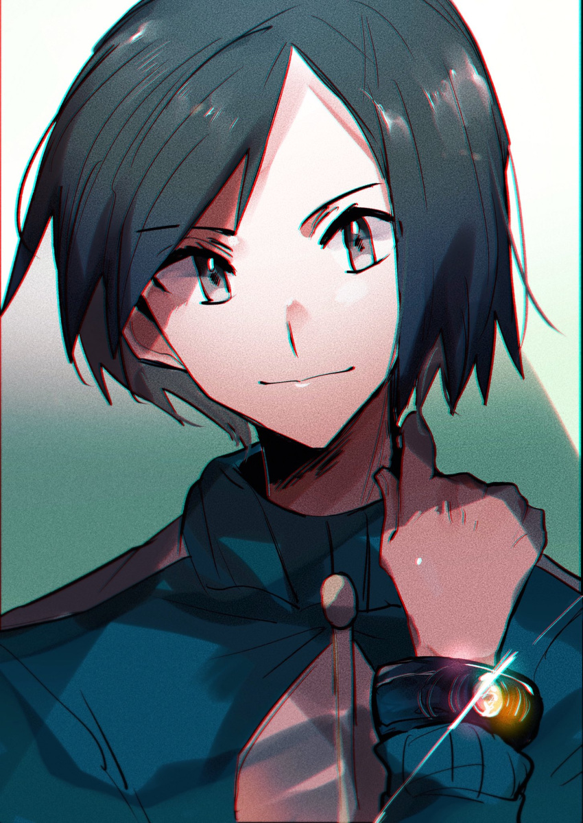 1boy bangs black_hair blue_jacket bracelet calem_(pokemon) closed_mouth commentary_request glint grey_eyes hand_up highres jacket jewelry long_sleeves looking_at_viewer male_focus midori_(032_pokemon) pokemon pokemon_(game) pokemon_xy short_hair smile solo turtleneck turtleneck_jacket upper_body