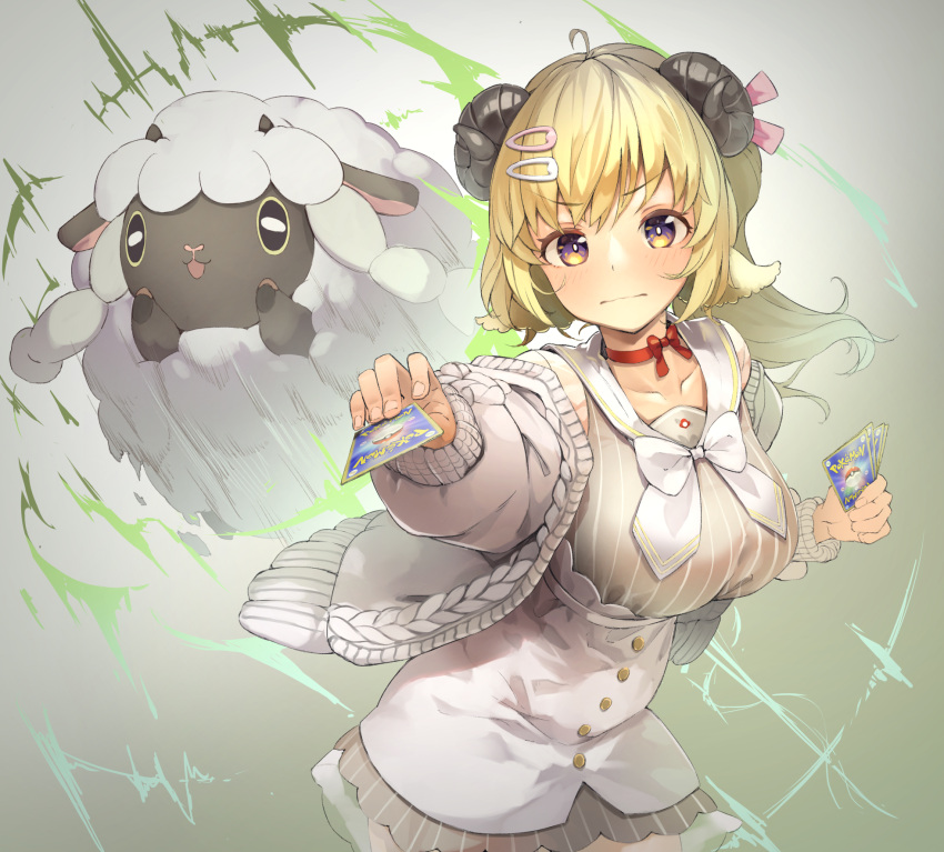 1girl animal_ears bangs blonde_hair blush bow bowtie breasts card cardigan choker closed_mouth commentary_request cowboy_shot dress eyebrows_visible_through_hair hair_ornament hairclip highres holding holding_card hololive horns large_breasts long_hair long_sleeves looking_at_viewer moritatsu open_cardigan open_clothes pokemon pokemon_(creature) red_choker sailor_collar sheep_ears sheep_girl sheep_horns skirt striped striped_dress tsunomaki_watame vertical-striped_dress vertical_stripes violet_eyes virtual_youtuber white_bow white_bowtie white_cardigan white_sailor_collar white_skirt wooloo