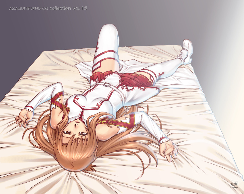 1girl absurdres ankle_boots asuna_(sao) azasuke boots breasts brown_eyes brown_hair detached_sleeves dress from_behind hair_spread_out high_heel_boots high_heels highres large_breasts long_hair long_sleeves lying miniskirt on_back on_bed outstretched_arms parted_lips pleated_skirt red_skirt short_dress signature skirt solo spread_arms sword_art_online thigh-highs upside-down white_dress white_footwear white_legwear