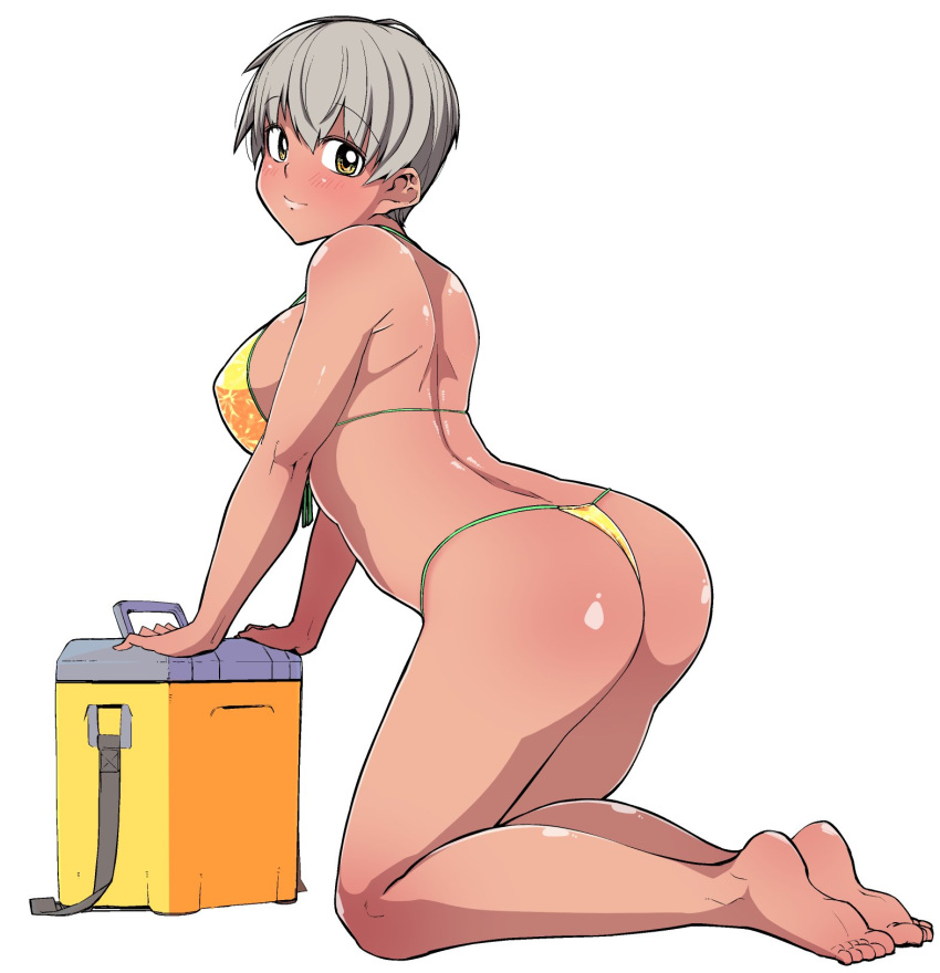 1girl ass barefoot bikini blush breasts closed_mouth cooler copyright_request feet from_side grey_hair highres kneeling large_breasts looking_at_viewer looking_to_the_side miitoban short_hair simple_background smile soles solo swimsuit thong_bikini toes white_background yellow_bikini yellow_eyes