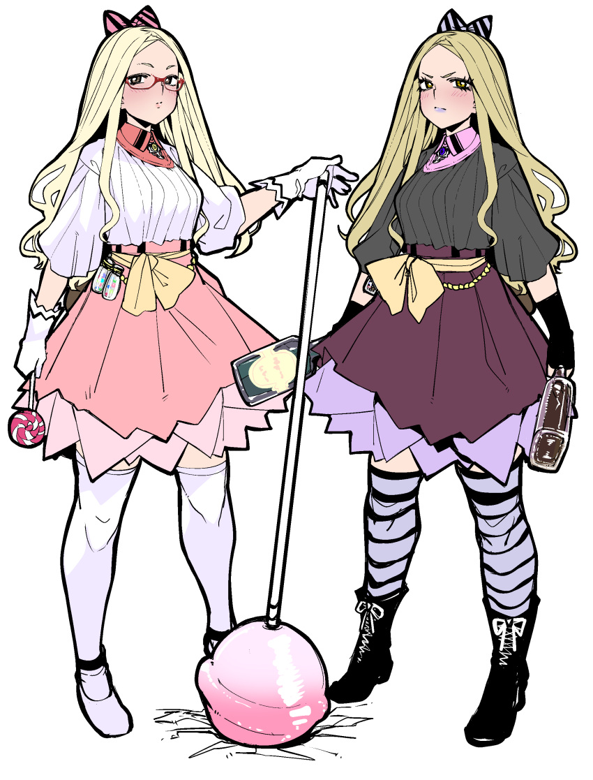 2girls absurdres alcohol black_footwear blonde_hair blue_lips blush boots bottle bow candy closed_mouth collared_shirt eyeliner eyeshadow food frown glasses grey_bow hair_bow highres holding holding_bottle holding_candy holding_food holding_lollipop holding_weapon lipstick lollipop long_hair looking_at_viewer makeup miitoban multiple_girls original pink_bow pink_shirt pink_skirt red-framed_eyewear red_skirt sash shirt shoes simple_background skirt striped striped_bow striped_legwear thigh-highs weapon whiskey white_background white_footwear white_legwear white_shirt wing_collar yellow_eyes yellow_sash