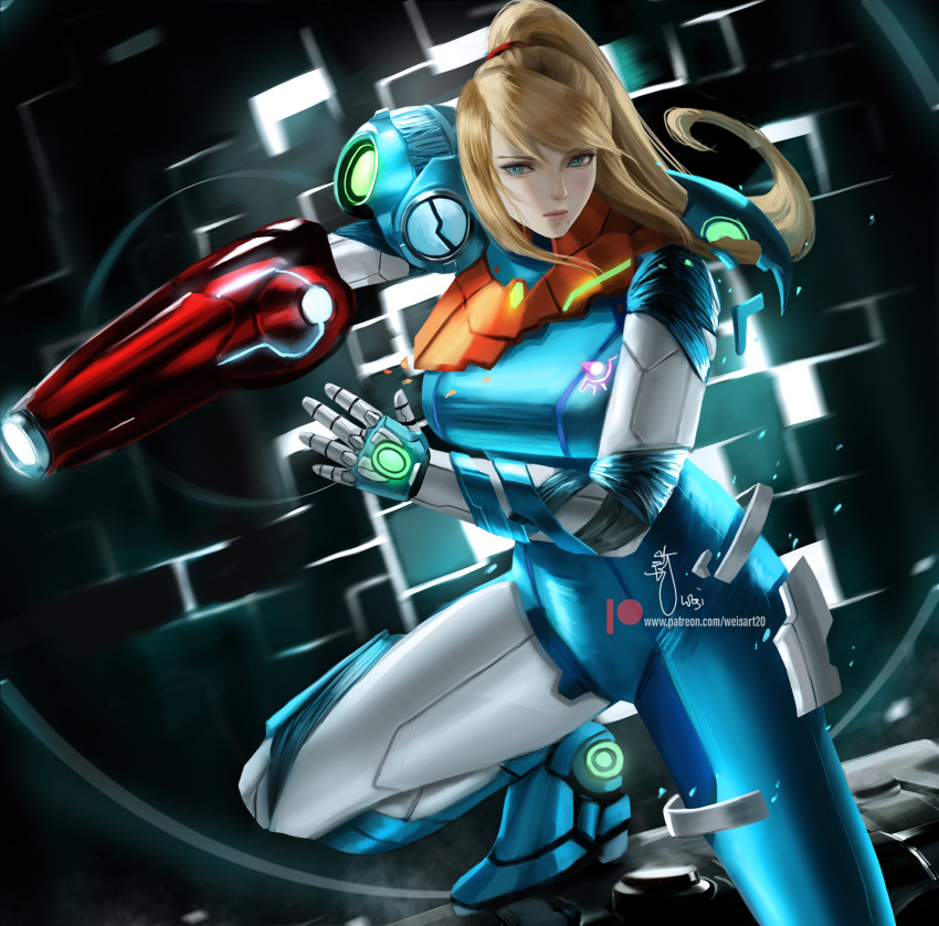 1girl arm_cannon armor bangs blonde_hair blue_eyes breasts gun highres long_hair looking_at_viewer metroid metroid_dread mole mole_under_mouth ponytail power_armor power_suit samus_aran science_fiction solo weapon wei_(promise_0820) zero_suit