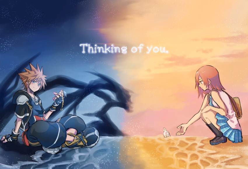 1boy 1girl blue_eyes brown_hair closed_mouth english_text gloves highres jewelry kairi_(kingdom_hearts) kingdom_hearts kingdom_hearts_ii medium_hair mihau_my necklace redhead skirt sleeveless smile sora_(kingdom_hearts) spiky_hair