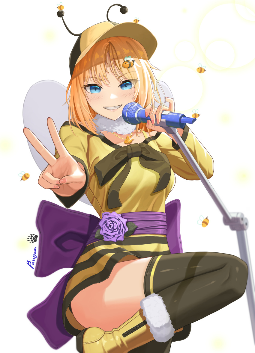 1girl absurdres bangom_r bee bee_costume black_legwear blue_eyes boots breasts bug cowboy_shot dress fake_antennae grin hat highres holding holding_microphone hololive insect_wings jewelry leg_up looking_at_viewer medium_breasts microdress microphone microphone_stand obi pendant sash short_sleeves smile solo thigh-highs v virtual_youtuber watson_amelia wings yellow_dress yellow_footwear yellow_headwear