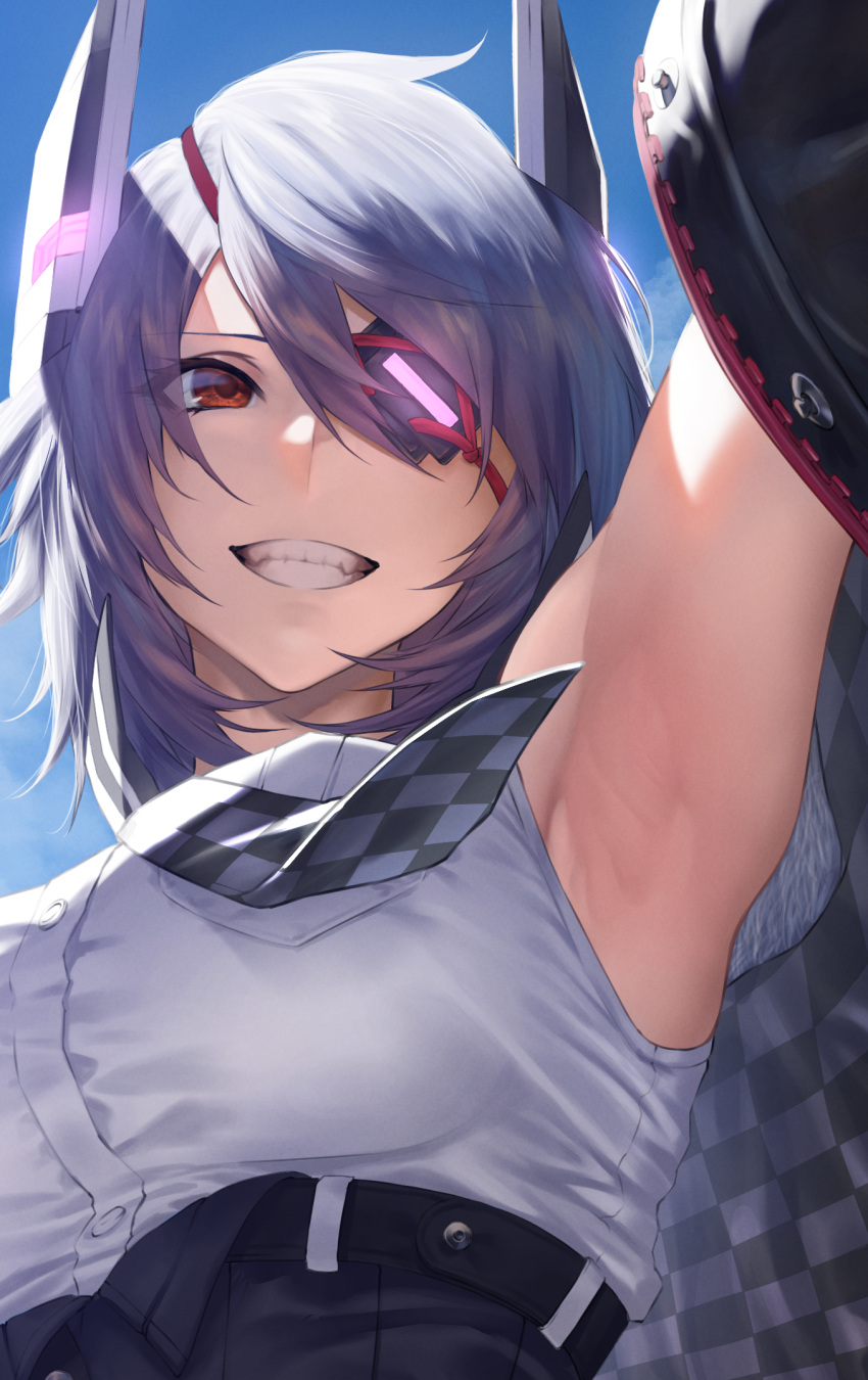 1girl armpits checkered checkered_necktie checkered_neckwear commentary_request dress_shirt eyepatch grin headgear highres kantai_collection looking_at_viewer mugetsu2501 necktie purple_hair remodel_(kantai_collection) shirt short_hair sleeveless smile solo tenryuu_(kancolle) white_shirt yellow_eyes