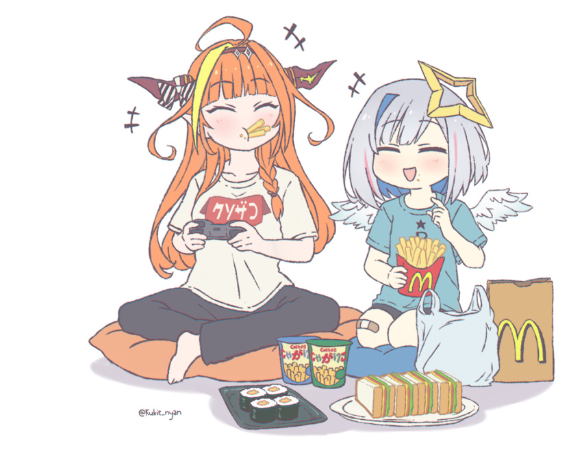 +++ 2girls :d ahoge amane_kanata bandaid bandaid_on_knee barefoot black_pants blue_shirt blush closed_eyes colored_inner_hair commentary controller crossed_legs cushion eating english_commentary facing_viewer food food_request french_fries game_controller grey_hair hairband halo holding holding_controller holding_game_controller horns kiryu_coco kukie-nyan long_hair mcdonald's multicolored_hair multiple_girls open_mouth orange_hair pants plate pp_tenshi_t-shirt sandwich seiza shirt sitting smile star_halo streaked_hair tray twitter_username zabuton
