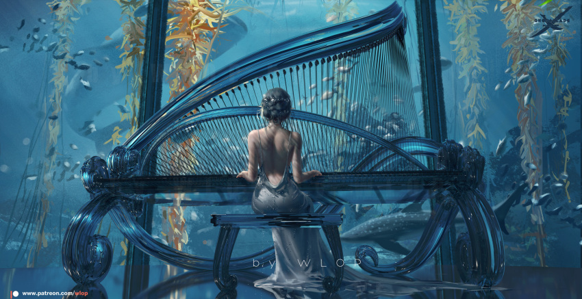 1girl aquarium artist_name backless_dress backless_outfit blue_theme character_request copyright_name dress fish from_behind ghostblade grey_hair hairstyle_request highres instrument kelp logo music piano piano_bench playing_instrument playing_piano reflection shark silver_dress sitting solo string train_(clothing) water watermark web_address whale_shark wlop