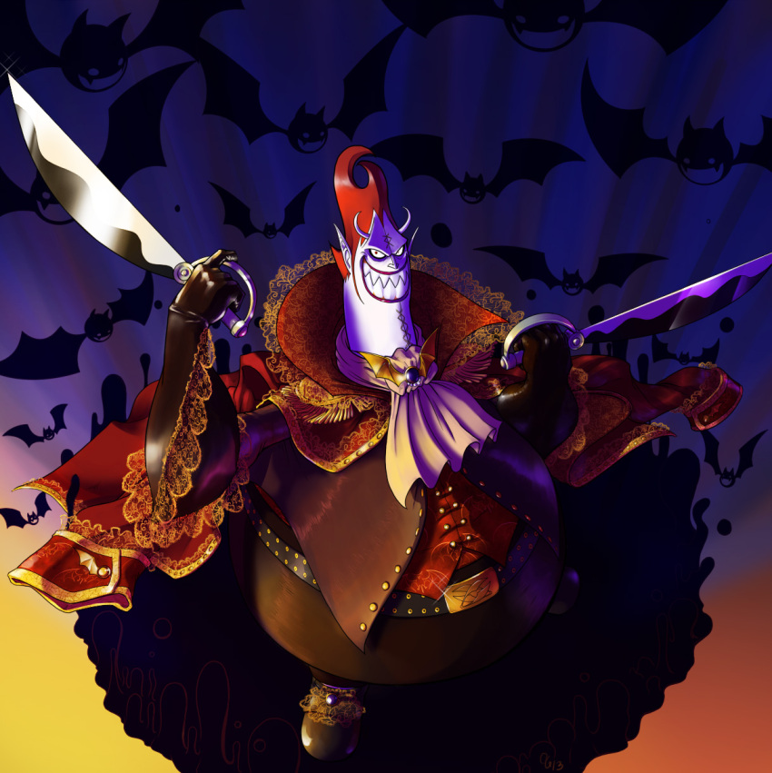 1boy ascot bat black_gloves colored_skin cross demon_boy demon_horns dual_wielding european_clothes evil_grin evil_smile fat fat_man full_body gecko_moria gloves grin highres holding holding_sword holding_weapon horns looking_at_viewer male_focus one_piece purple_lips sharp_teeth shichibukai smile solo spiky_hair sword teeth thriller_bark weapon white_skin yang