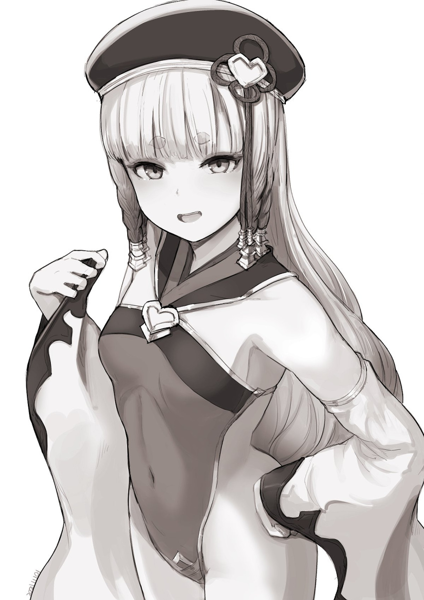 1girl bangs bare_shoulders beret braid breasts covered_navel detached_sleeves erune eyeliner granblue_fantasy greyscale hat highres long_hair looking_at_viewer makeup monochrome multiple_braids nosuku open_mouth pholia quad_braids short_eyebrows side_braids sideless_outfit small_breasts smile solo thighs very_long_hair wide_sleeves