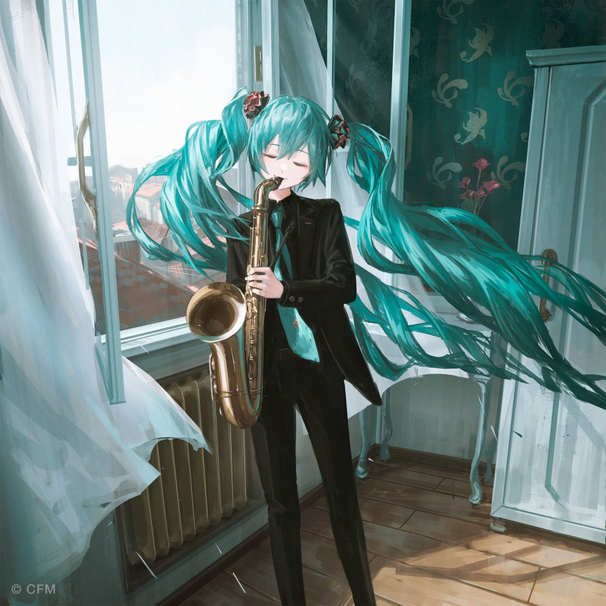 1girl aqua_hair cityscape closed_eyes closet curtains flower formal hatsune_miku highres instrument long_hair music necktie open_window pant_suit pants plant playing_instrument potted_plant radiator reoen saxophone solo suit symbol-only_commentary twintails very_long_hair vocaloid wind wind_lift window wooden_floor