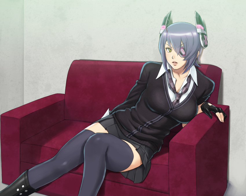 1girl absurdres azasuke black_footwear black_gloves black_jacket blue_hair boots breasts brown_necktie checkered_necktie collared_shirt contrapposto couch eyepatch feet_out_of_frame fingernails gloves green_eyes grey_legwear grey_skirt hair_between_eyes headgear highres jacket kantai_collection large_breasts looking_at_viewer medium_hair miniskirt multicolored_eyes necktie on_couch one_eye_covered parted_lips partially_fingerless_gloves pleated_skirt shirt sitting skirt solo tenryuu_(kancolle) thigh-highs white_shirt wing_collar yellow_eyes
