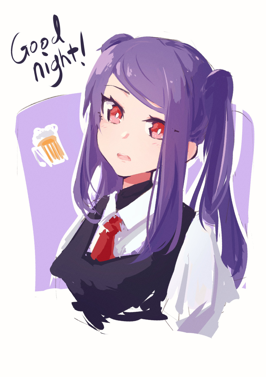 1girl absurdres alcohol bartender beer beer_mug cup english_text highres jill_stingray looking_at_viewer mug necktie purple_hair red_eyes rnna_7 solo va-11_hall-a vest white_background
