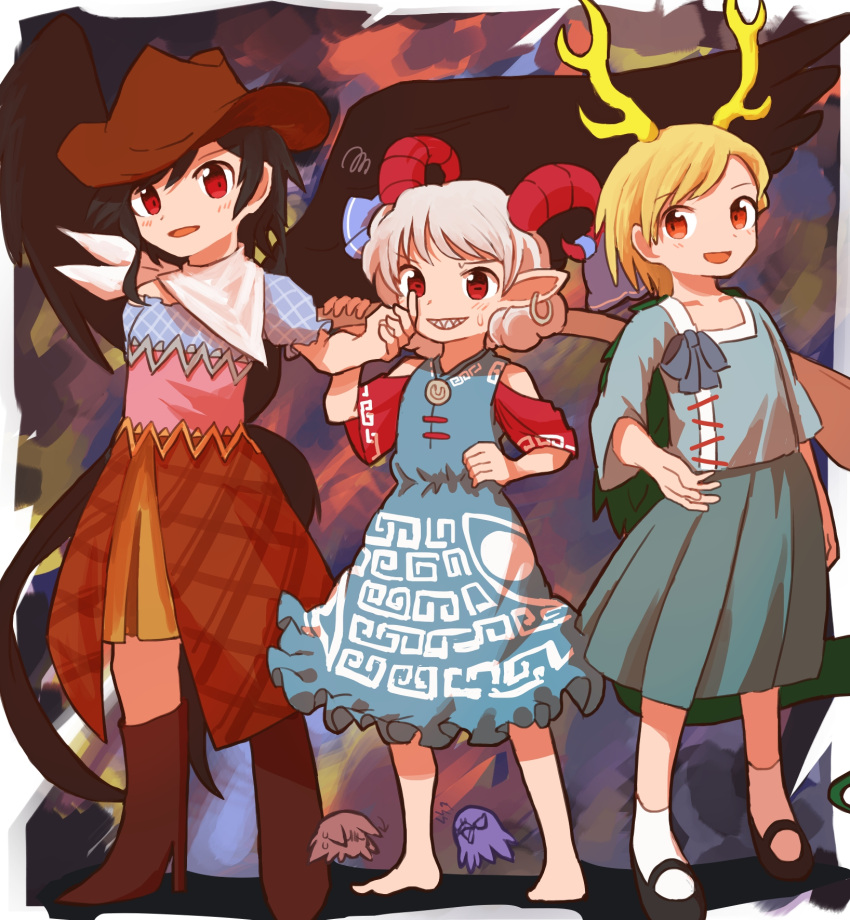 3girls animal animal_ears arm_up bangs bare_shoulders barefoot bird black_footwear black_hair blonde_hair blue_bow blue_dress blue_ribbon blue_shirt blue_skirt blush boots bow brown_dress brown_footwear brown_headwear closed_mouth colored_skin cowboy_hat donki_(yeah) dragon_tail dress eagle_spirit_(touhou) earrings eyebrows_visible_through_hair full_body hair_between_eyes hand_up hat highres horns jewelry kicchou_yachie kurokoma_saki long_hair long_sleeves looking_at_another looking_at_viewer multicolored_clothes multicolored_dress multiple_girls off_shoulder open_mouth pink_dress plaid plaid_dress pointy_ears ponytail puffy_short_sleeves puffy_sleeves purple_skin red_eyes red_skin ribbon scarf sharp_teeth shirt shoes short_hair short_sleeves silver_hair skirt smile socks spirit spoon standing tail teeth touhou toutetsu_yuuma turtle_shell weapon white_legwear white_scarf wide_sleeves wings wolf_ears wolf_spirit_(touhou) yellow_dress