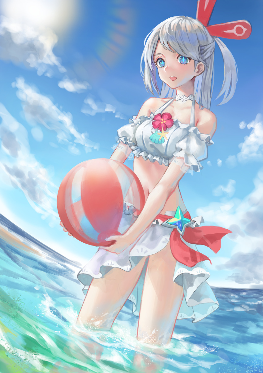 +_+ 1girl ball bangs bare_shoulders beach beachball bikini blue_eyes blue_sky blush breasts clouds collarbone commentary crystal day eyebrows_visible_through_hair fisheye flower frilled_bikini frilled_sleeves frills grey_hair hair_ornament happy highres holding holding_ball lens_flare level9kaito light_blush long_hair looking_at_viewer navel ocean official_alternate_costume one_side_up open_mouth outdoors red_flower sand sarong short_sleeves sidelocks sky small_breasts smile solo standing stella_(world_flipper) stomach sun sunlight swept_bangs swimsuit teeth tied_hair transparent wading water white_bikini white_sarong world_flipper