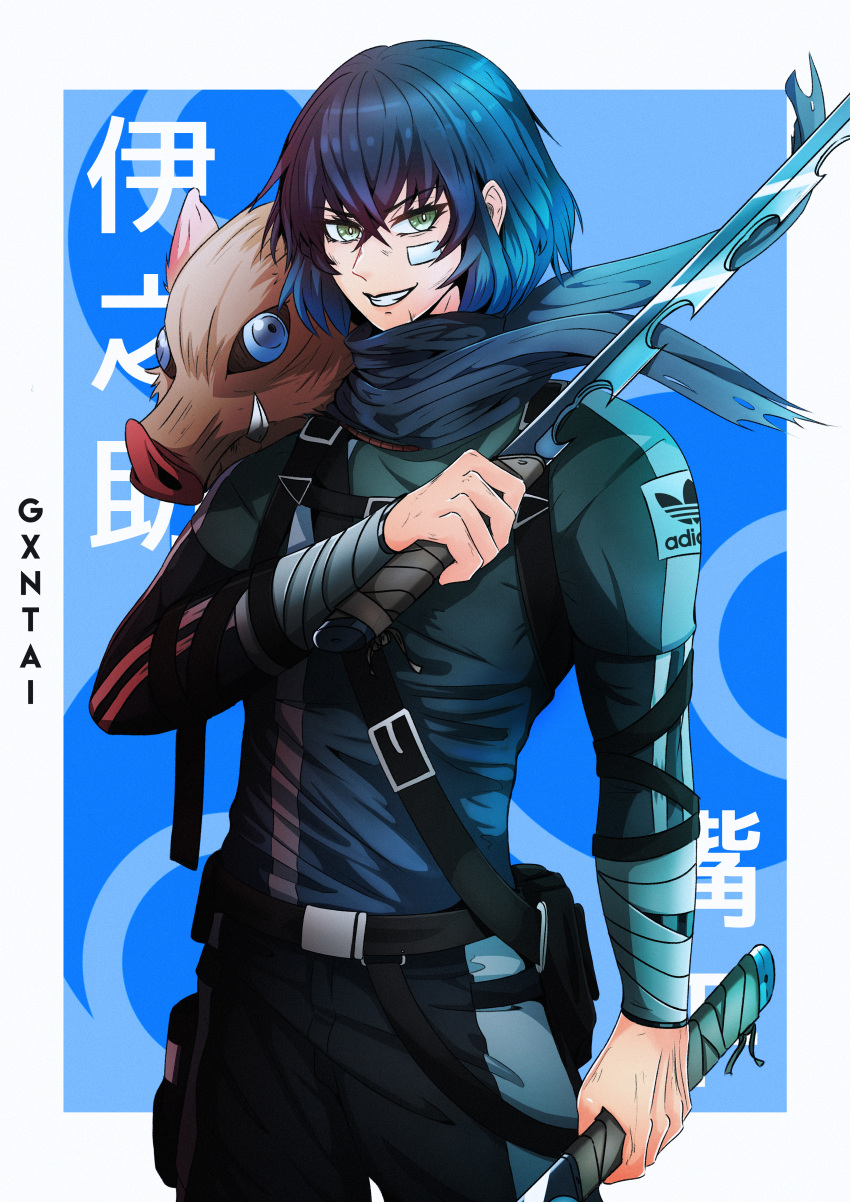 1boy absurdres adidas alternate_costume bandages bangs belt black_hair blue_background blue_hair boar_mask clip_studio_paint_(medium) gantai-_(gxntai) gradient_hair green_eyes hashibira_inosuke highres holding holding_sword holding_weapon kimetsu_no_yaiba long_sleeves multicolored_hair pants scarf smile solo sword weapon