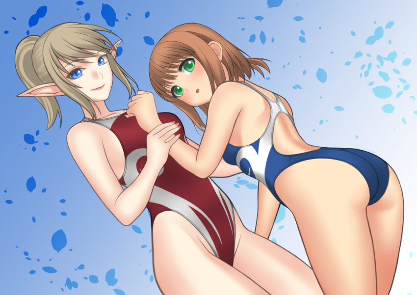 2girls blonde_hair blue_eyes brown_hair character_request cognite commentary_request competition_swimsuit cowboy_shot elf from_below green_eyes highleg highleg_swimsuit itsuki_(rocketride) long_hair looking_at_viewer master_of_epic multicolored_clothes multicolored_swimsuit multiple_girls one-piece_swimsuit pointy_ears ponytail short_hair swimsuit