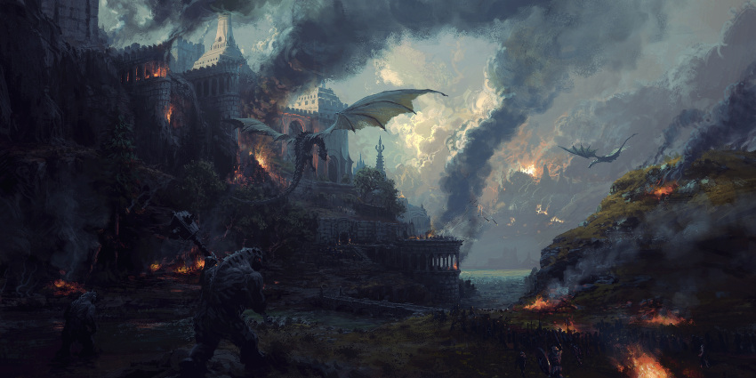 absurdres army battle battlefield bridge burning castle cliff clouds cloudy_sky dragon fantasy fire giant highres holding holding_weapon krita_(medium) mace mountain original outdoors people philipp_urlich river scenery sky smoke soldier tree weapon