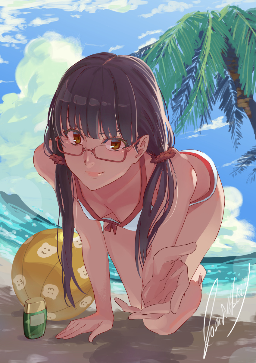 absurdres all_fours amagami ayatsuji_tsukasa ball beach beachball bikini black_hair blue_sky breasts brown_eyes brown_hair clouds curved_horizon danieri glasses highres horizon long_hair looking_at_viewer ocean outstretched_hand palm_tree signature sky small_breasts smile swimsuit tree twintails white_bikini