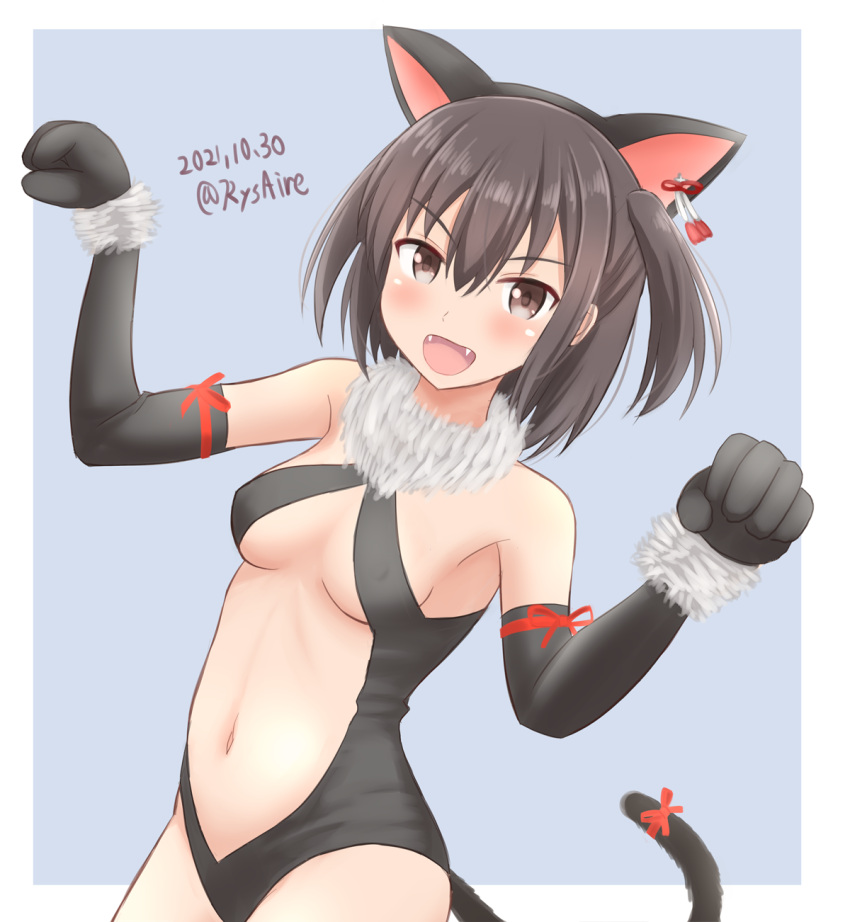 1girl :d ame-san animal_ears bangs bare_shoulders black_gloves black_swimsuit blue_background blush breasts brown_eyes brown_hair cat_ears cat_tail center_opening clenched_hands commentary dated dutch_angle earrings elbow_gloves fake_animal_ears fangs fur-trimmed_gloves fur_trim gloves hair_between_eyes hair_strand halloween_costume highres jewelry kantai_collection looking_at_viewer midriff navel outside_border red_ribbon ribbon sendai_(kancolle) short_hair sideboob small_breasts smile swimsuit tail twitter_username two_side_up under_boob v-shaped_eyebrows w_arms