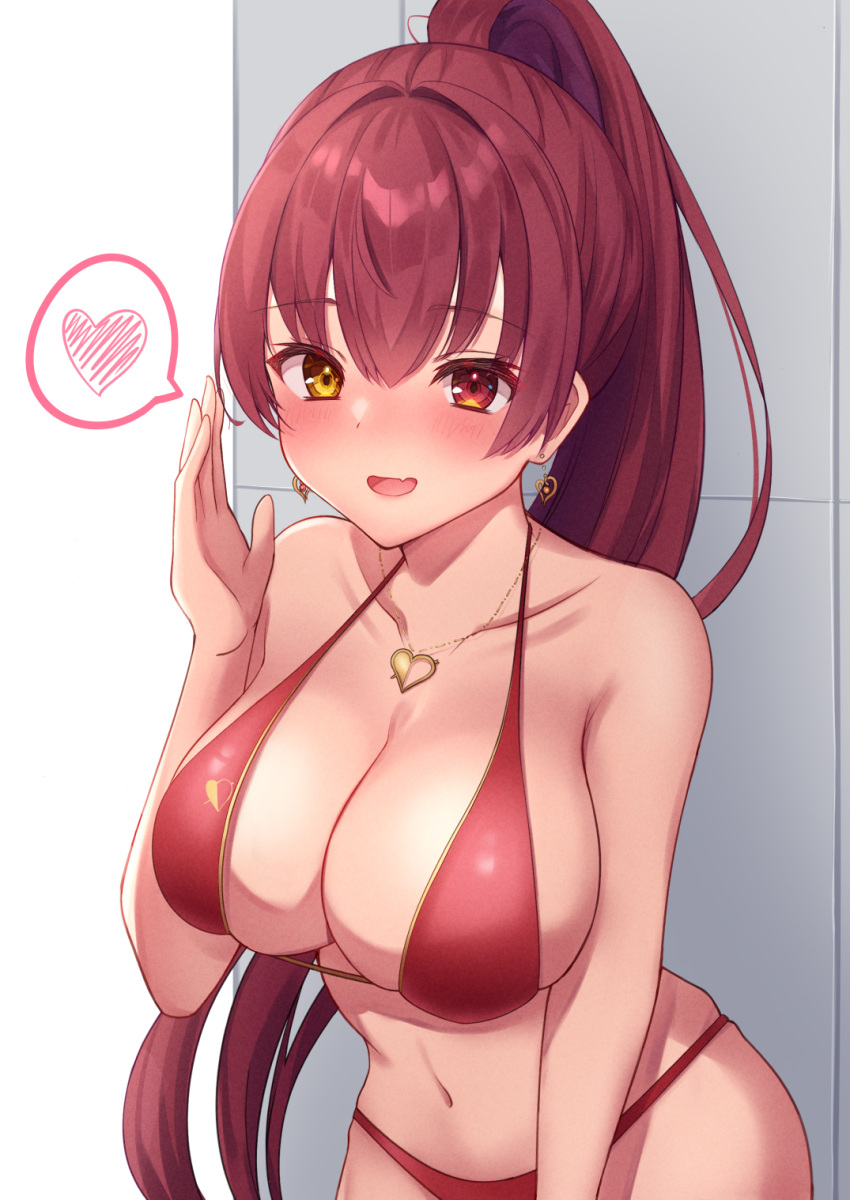 1girl bikini breasts earrings eyebrows_visible_through_hair fang halterneck hand_up heart heart_earrings heart_necklace heterochromia highres hololive houshou_marine jewelry large_breasts long_hair looking_at_viewer mikoto_paint navel red_bikini red_eyes redhead skin_fang smile solo spoken_heart swimsuit virtual_youtuber