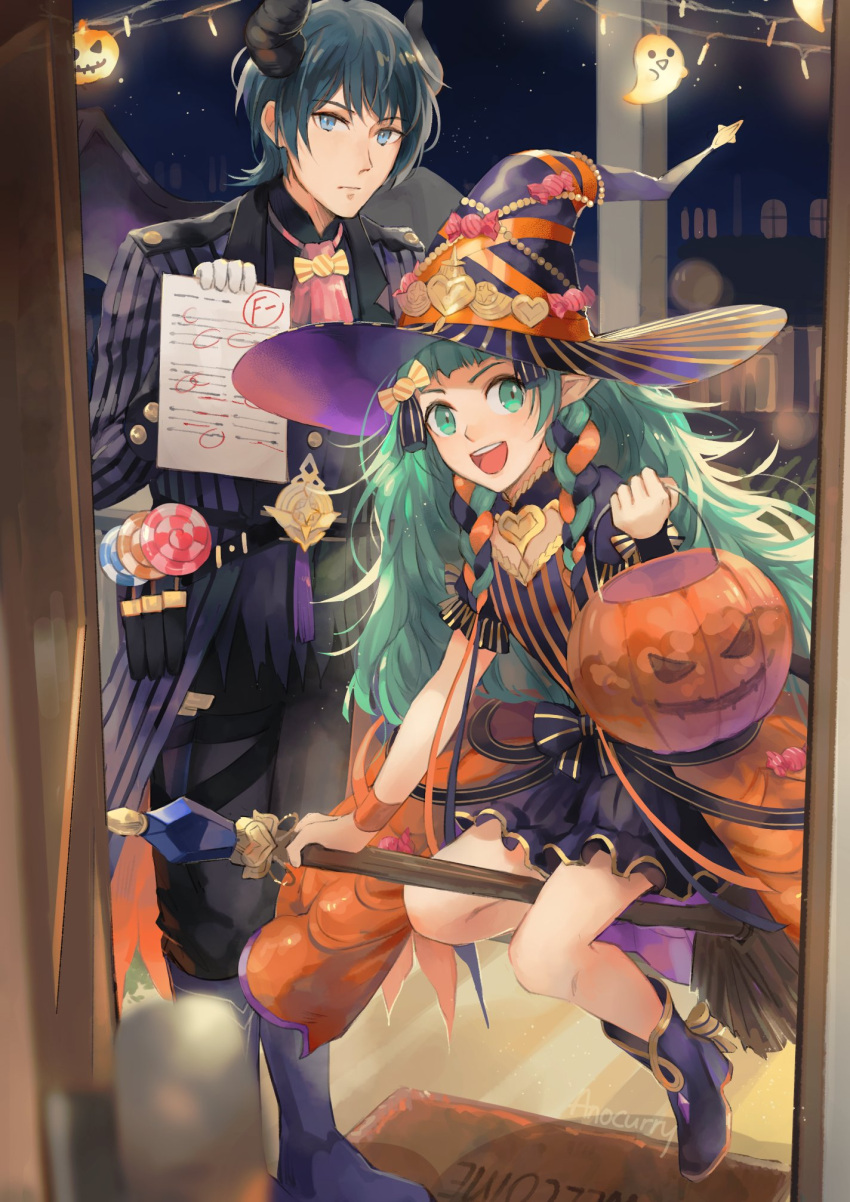 1boy 1girl alternate_costume anocurry black_pants blue_eyes blue_hair boots broom broom_riding byleth_(fire_emblem) byleth_eisner_(male) candy demon_horns doormat fire_emblem fire_emblem:_three_houses fire_emblem_heroes food green_eyes green_hair halloween halloween_costume hat highres horns jack-o'-lantern lollipop long_hair night night_sky pants pumpkin purple_footwear purple_skirt shirt skirt sky sothis_(fire_emblem) striped striped_shirt striped_suit test witch_hat