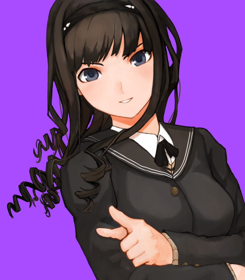 1girl amagami black_hairband blue_eyes breasts brown-haired_cat_girl_(kevbot) crossed_arms drill_hair dutch_angle hairband highres kibito_high_school_uniform long_hair medium_breasts morishima_haruka pointing pointing_at_viewer purple_background school_uniform smile solo temaedo upper_body