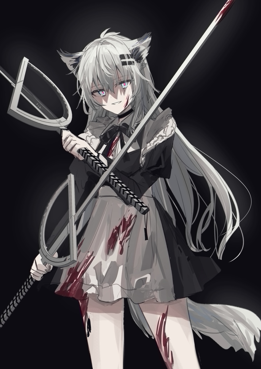 1girl absurdres alternate_costume animal_ear_fluff animal_ears apron arknights bangs black_background black_dress blood blood_on_clothes blood_on_face blue_eyes chihuri commentary_request dress dual_wielding enmaided eyebrows_visible_through_hair frilled_apron frills grey_hair hair_between_eyes hair_ornament hairclip highres holding holding_sword holding_weapon juliet_sleeves lappland_(arknights) long_hair long_sleeves looking_at_viewer maid parted_lips puffy_sleeves red_pupils scar scar_across_eye smile solo sword tail very_long_hair weapon white_apron