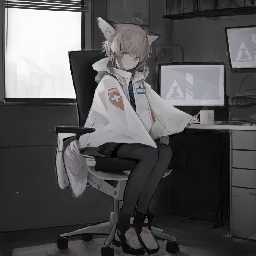 1girl absurdres ahoge animal_ears arknights black_legwear blue_eyes blue_shirt brown_hair chair computer cup desk fox_ears fox_tail full_body grey_theme highres holding holding_cup id_card indoors jacket looking_at_viewer monitor mug office_chair open_clothes open_jacket pantyhose rhodes_island_logo shirt short_hair sitting solo sussurro_(arknights) tail tou_toutou white_jacket window