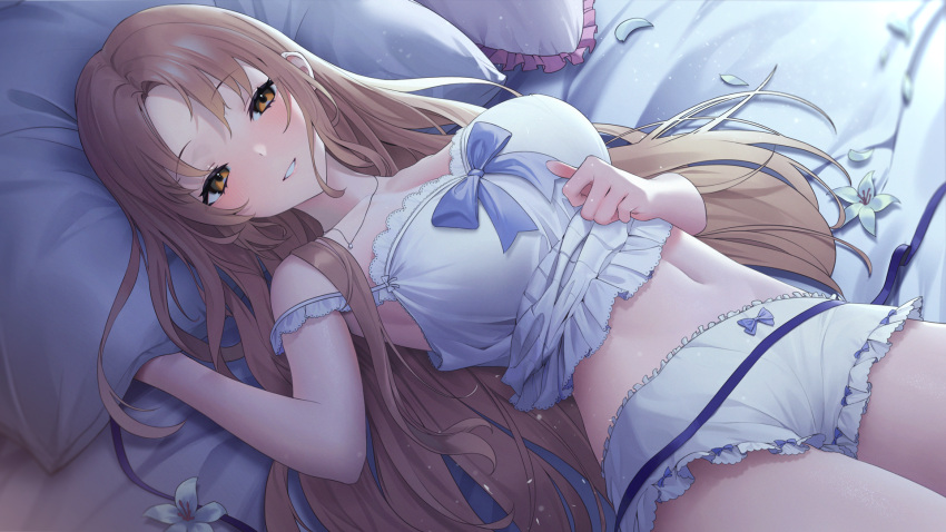 1girl bangs blue_bow blush bow breasts brown_eyes brown_hair clothes_lift commentary_request cowboy_shot eyebrows_visible_through_hair highres large_breasts lifted_by_self long_hair looking_at_viewer lying midriff navel nijisanji on_back on_bed pajamas parted_bangs parted_lips pillow shirt shirt_lift shorts sister_cleaire solo very_long_hair virtual_youtuber white_footwear white_pajamas white_shirt white_shorts yaye