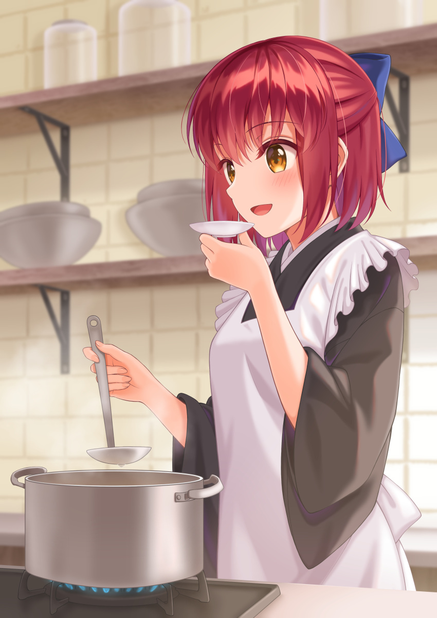 1girl :d absurdres apron bangs black_kimono blue_bow blurry blush bow brown_eyes cooking depth_of_field frilled_apron frills hair_bow hands_up highres holding holding_ladle indoors japanese_clothes kimono kitchen kohaku_(tsukihime) ladle looking_away matsuba_moco open_mouth pot redhead shelf short_hair sidelocks smile solo standing steam stove tasting tile_wall tiles tsukihime wa_maid wide_sleeves