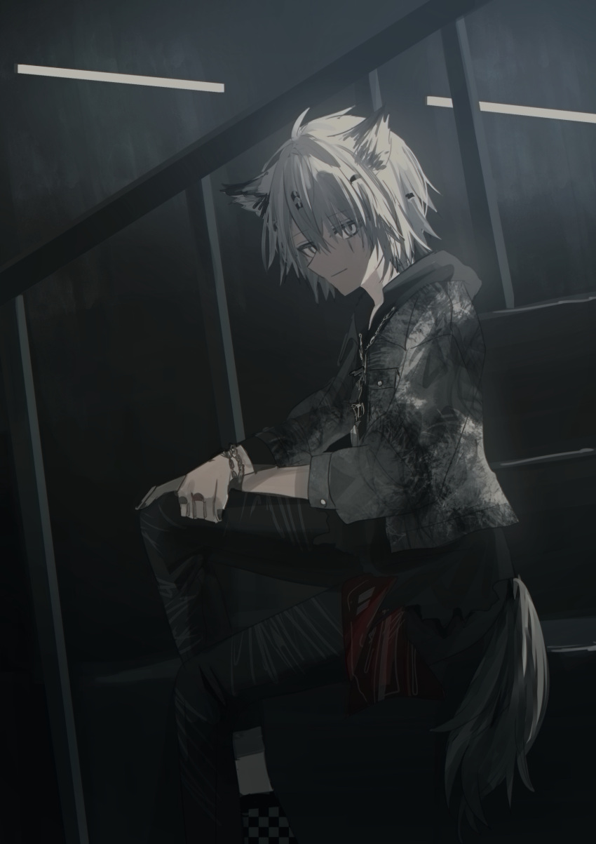 1girl absurdres ahoge ambience_synesthesia animal_ear_fluff animal_ears arknights bangs black_pants black_shirt checkered chihuri closed_mouth error eyebrows_visible_through_hair feet_out_of_frame grey_eyes grey_hair grey_jacket hair_between_eyes hair_ornament hairclip highres indoors jacket lappland_(arknights) light_smile looking_at_viewer open_clothes open_jacket pants railing shirt short_hair sitting sitting_on_stairs solo stairs tail