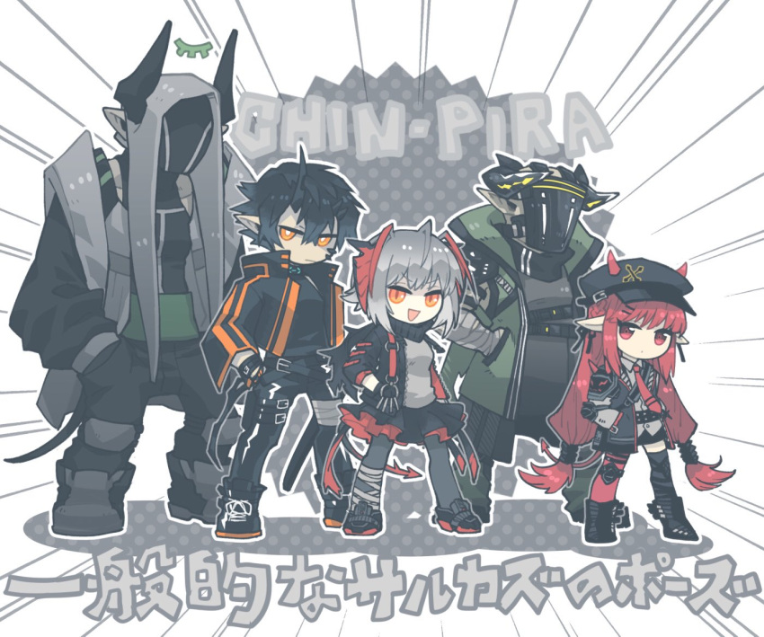 1boy 2girls 2others :d ahoge ambiguous_gender arknights asymmetrical_legwear black_collar black_footwear black_hair black_headwear black_jacket black_legwear black_pants black_scarf black_shirt boots collar demon_boy demon_girl demon_horns demon_tail emphasis_lines flamebringer_(arknights) grey_shirt hair_ornament hairclip hands_in_pockets hat height_difference horns horns_through_headwear infection_monitor_(arknights) jacket long_hair low-tied_long_hair low_twintails mask mismatched_legwear morini_ochiteru multiple_girls multiple_others necktie open_clothes open_jacket open_mouth orange_eyes pants pantyhose pointy_ears red_legwear red_necktie redhead sarkaz_caster_(arknights) scarf shirt shoes single_horn single_leg_pantyhose single_thighhigh smile tail thigh-highs translation_request twintails v-shaped_eyebrows very_long_hair vigna_(arknights) w_(arknights) white_background