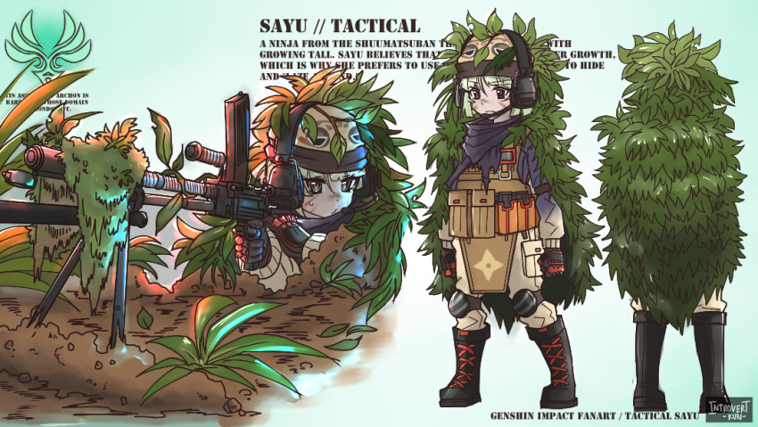 1girl alternate_costume bag bangs black_footwear black_gloves blunt_bangs boots cameo camouflage character_profile character_sheet combat_boots commentary contemporary eyebrows_visible_through_hair from_behind full_body genshin_impact gloves green_hair gun hair_between_eyes hat headset holding holding_gun holding_weapon introvert-kun knee_boots leaf leaf_on_head long_sleeves looking_at_viewer lying muji-muji_daruma_(genshin_impact) on_stomach pocket sayu_(genshin_impact) short_hair sidelocks simple_background solo standing tactical_clothes type_96_light_machine_gun violet_eyes weapon